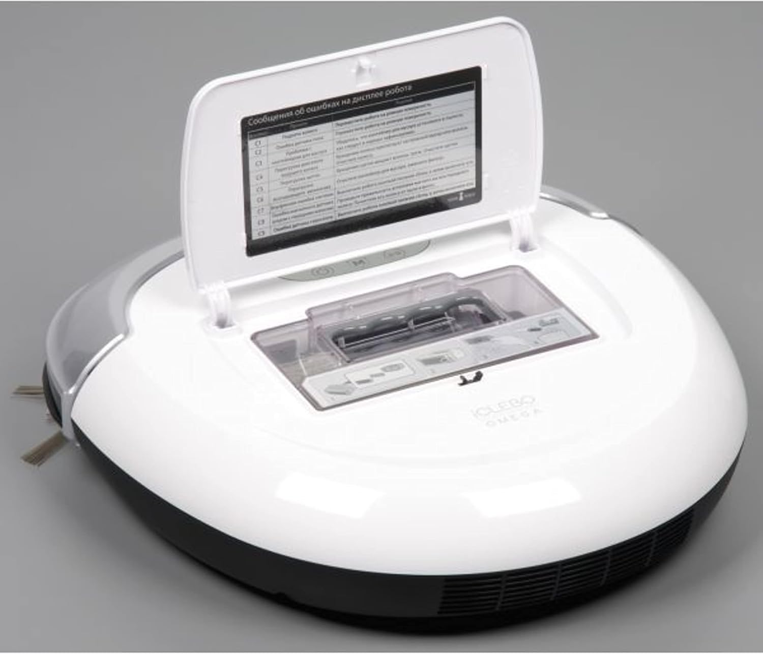 Top view of the iClebo Omega robot vacuum with its lid open, revealing the dustbin compartment.