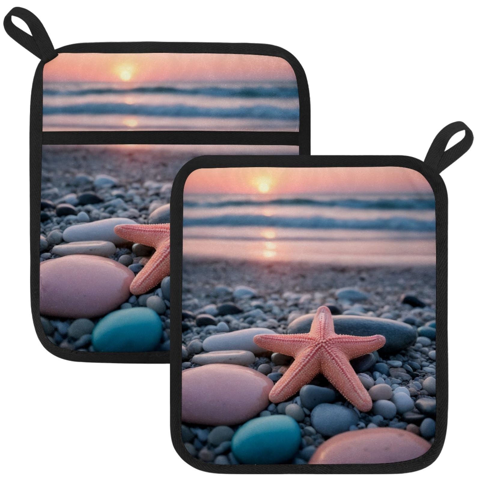 VAPOKF Starfish Pebbles Pot Holders with Pocket for Kitchen Heat Resistant Potholders Large Polyester-Cotton Square Oven Mitts Set