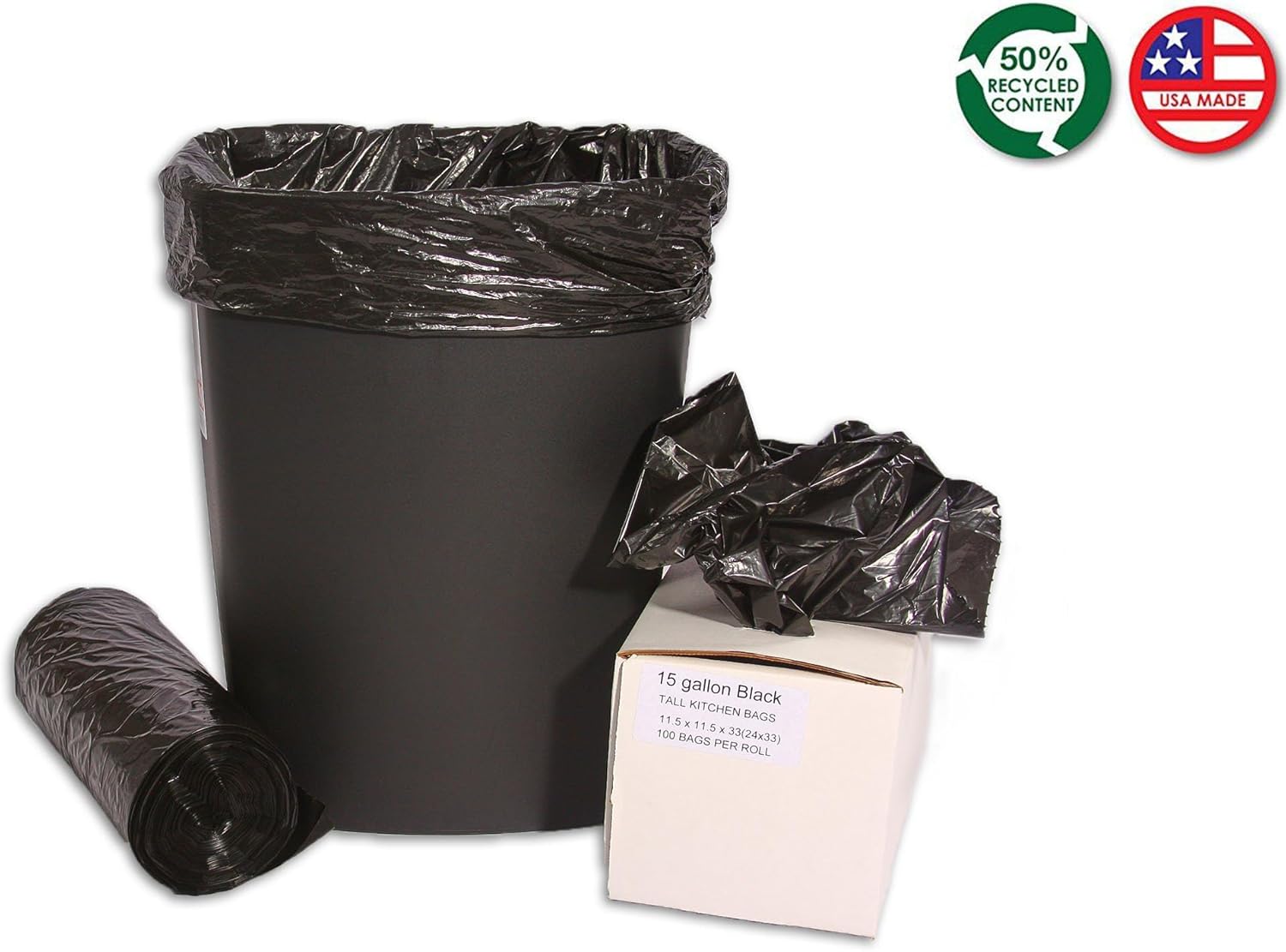 RESILIA Tall 15 Gallon Trash Bags - Black Recycling 100 Bags/Roll, 1 Mil, 0.001 Inch Thick, 24x33 inches (WxH), Wire Ties Included, MADE IN USA
