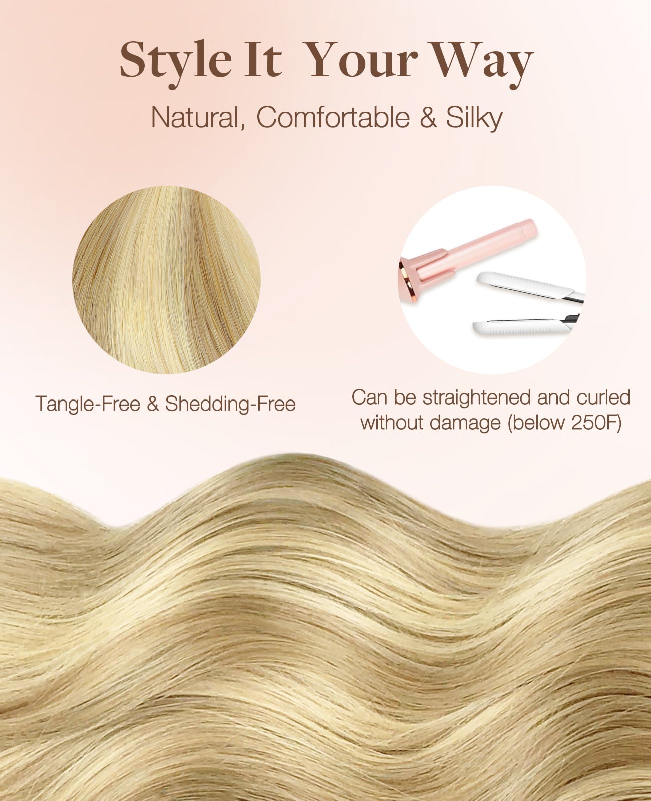 GOO GOO Invisi przedłużki do włosów metodą tape in, 20 sztuk, 50 g, bezszwowe wstrzykiwane, 16/22, jasny blond, rozjaśniony złoty blond