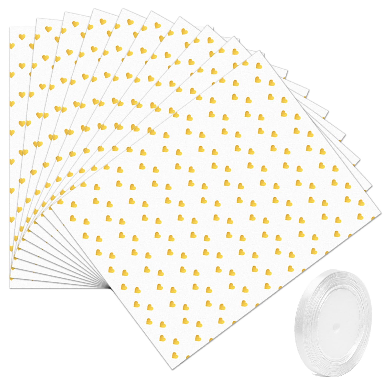 White Gift Wrapping Paper Set with Hearts, 10 Sheets 50x70cm + 22m Wrapping Paper Wedding Ribbon Romantic White and Gold Design for Valentine's Day Weddings Anniversaries Birthdays & DIY Crafts