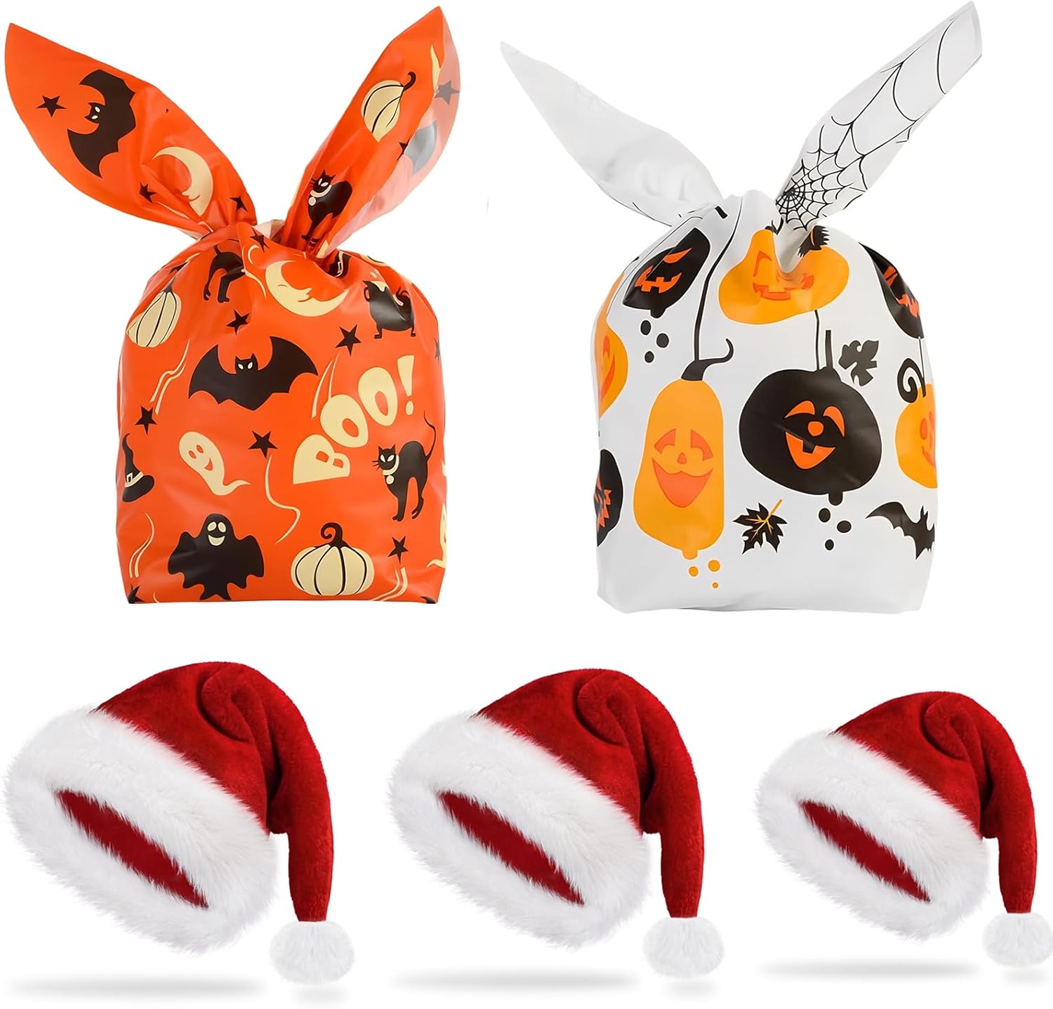 100 PCS Halloween Treat Bags Candy Bags, Santa Hat for Adults Kids and Baby Christmas Holiday Velvet Plush Luxury Santa Claus Hat