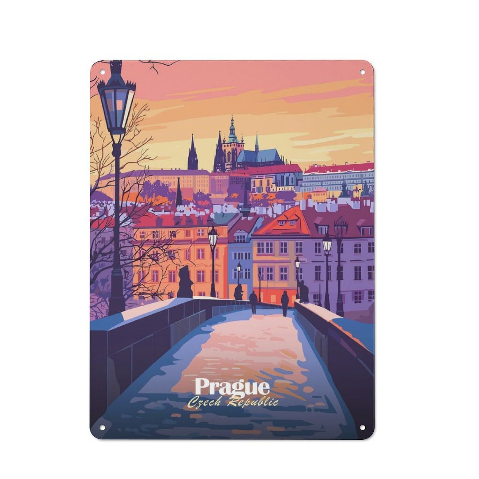 Garage Style Prague Cityscape Decorative Metal Plaque 40x30cm, Garage Wall Decor for Workshop, Basement, Shed Or Games Room