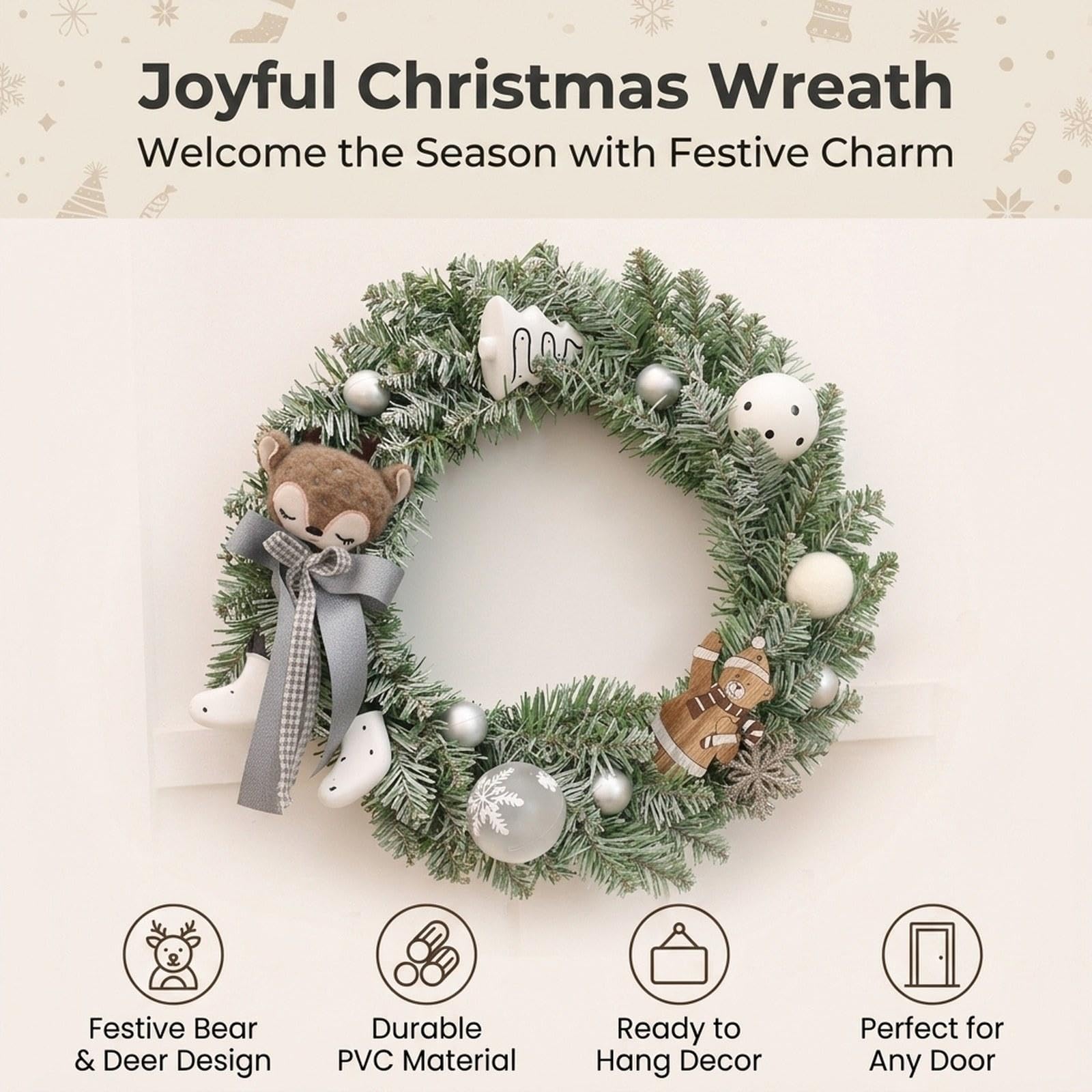 Qianly Corona de Navidad Artificial Guirnalda Adorno Y Decoración Colgante Estética Cálida de Invierno con Bayas Madera Y PP Adecuada para Puerta Recibidor S, Oso Ciervo, Individual