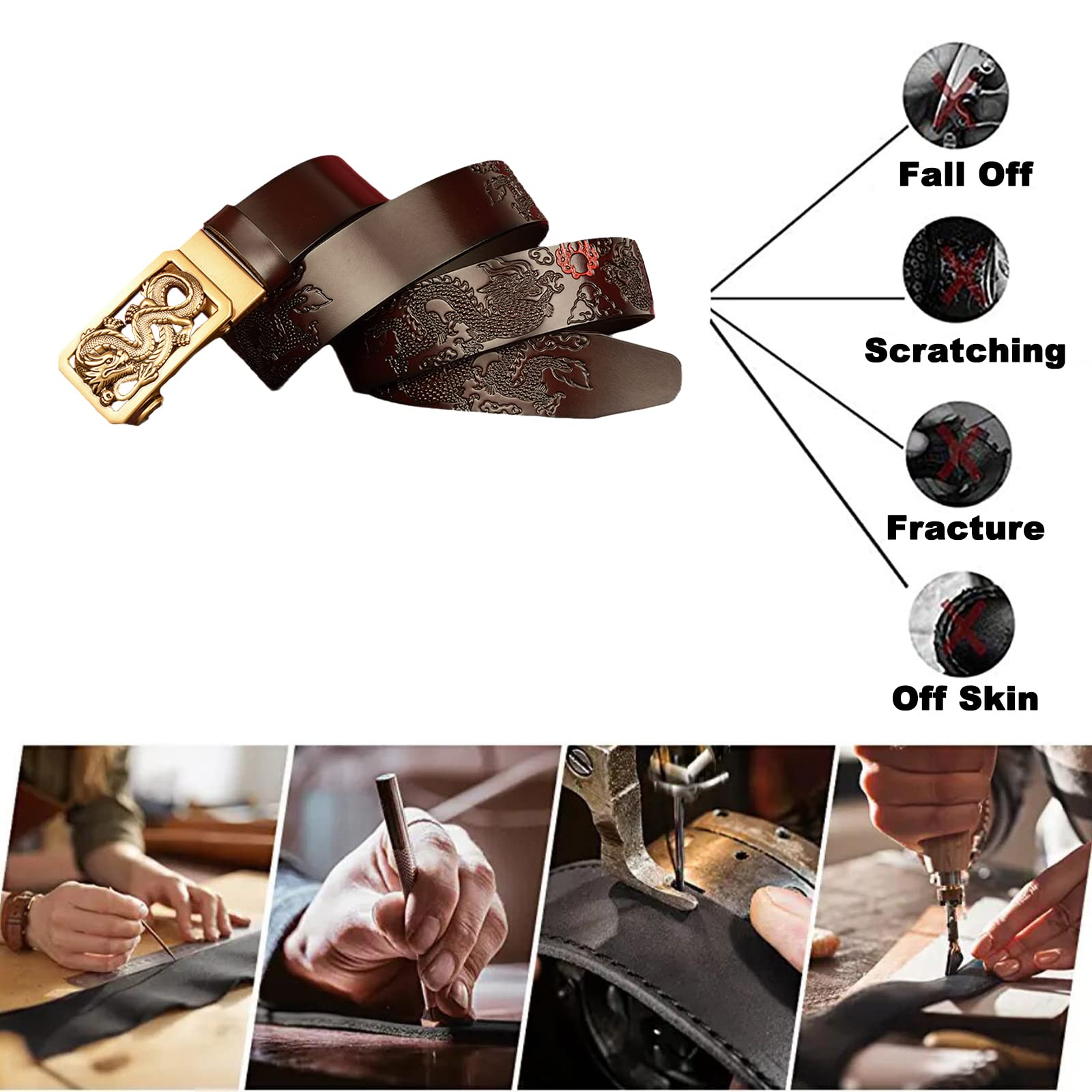 Cinturón De Trinquete For Hombre 3,5 Cm Cuero Genuino Con Hebilla Deslizante Automática Y Escultura Dragón Dorado Hueco Grabado