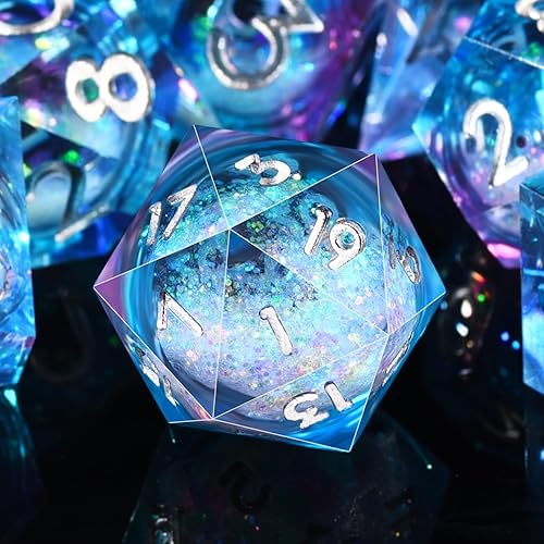 AUSTOR Liquid Core Resin DND Dice Sharp Edge Polyhedral Dice 7-Die DND Dice Set Quicksand Handmade Resin Dice for Dungeons and Dragons RPG MTG Table Games, Blue & Violet - Blue & Violet