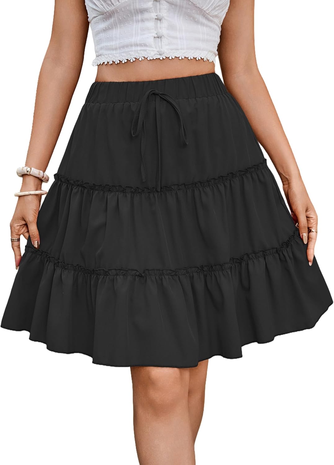 BARASA Women's Casual Skirt 2026 Summer Ruffle A Line Tie Waist Flowy Bohe Solid Vacation Mini Skirts D685