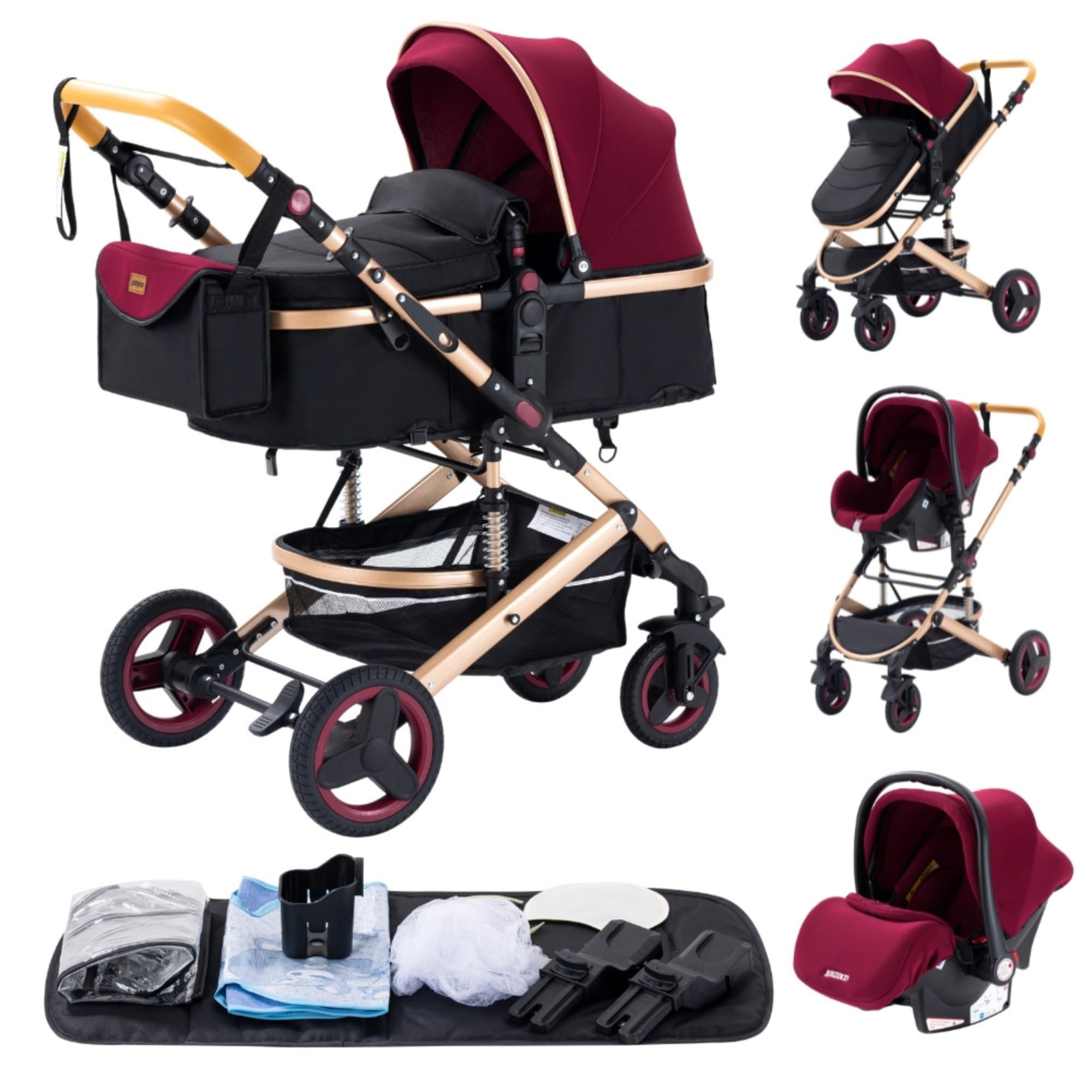 YAZOCO Wózek dziecięcy 3 w 1, kompaktowy wózek dziecięcy Anstout Terrain Luksusowy Wysoki Krajobraz Czteroosobowy 0-36kg Składany Laska dla niemowląt Komfort (Czerwony)