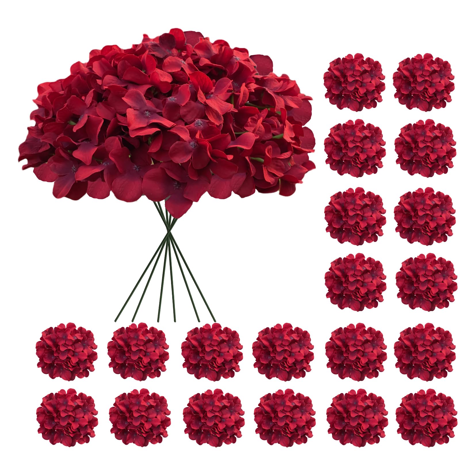 20 Pcs Dark Red Hydrangea Artificial Flowers Bulk, Faux Hydrangea Flowers Heads, Artificial Fake Silk Hydrangea Flowers with Stems, Red Flowers Artificial for Decoration Wedding Décor