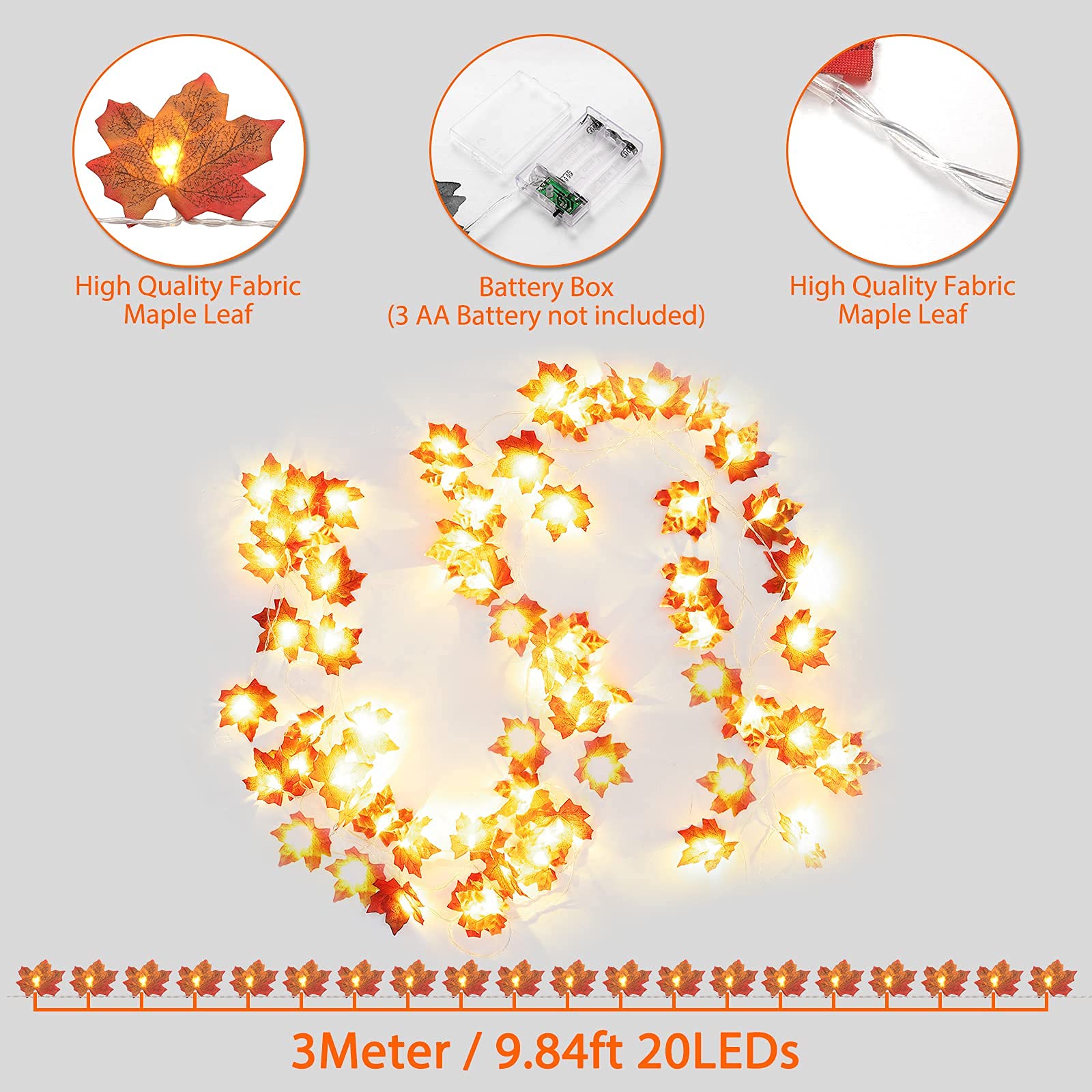 Kertaym Herbst Lichterkette 3m - 20 LED Mit Ahornblättern & Timer | Batteriebetrieben