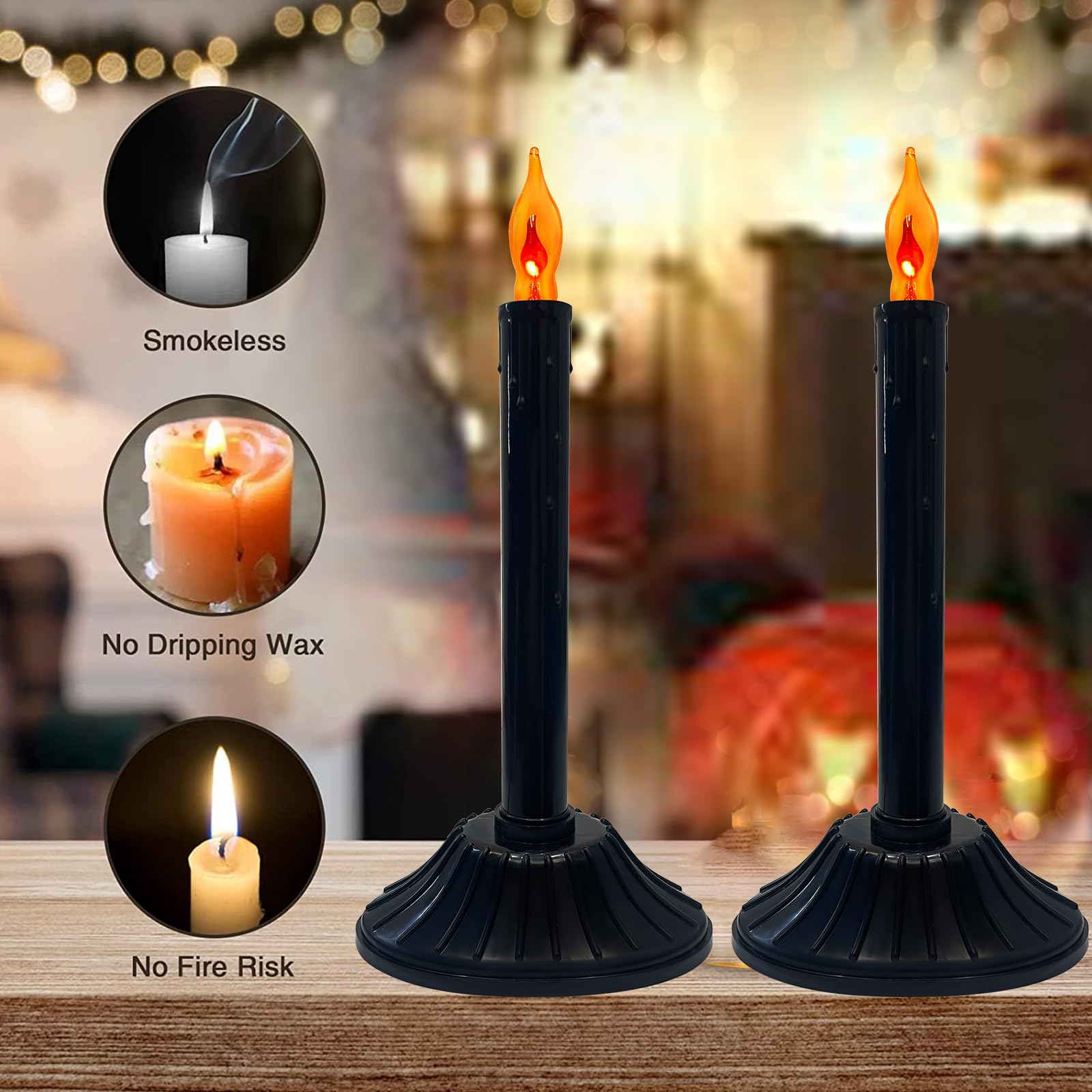 Gothic Black LED Window Candle - 10.6" Flameless Dripping Wax Taper With Timer For Halloween