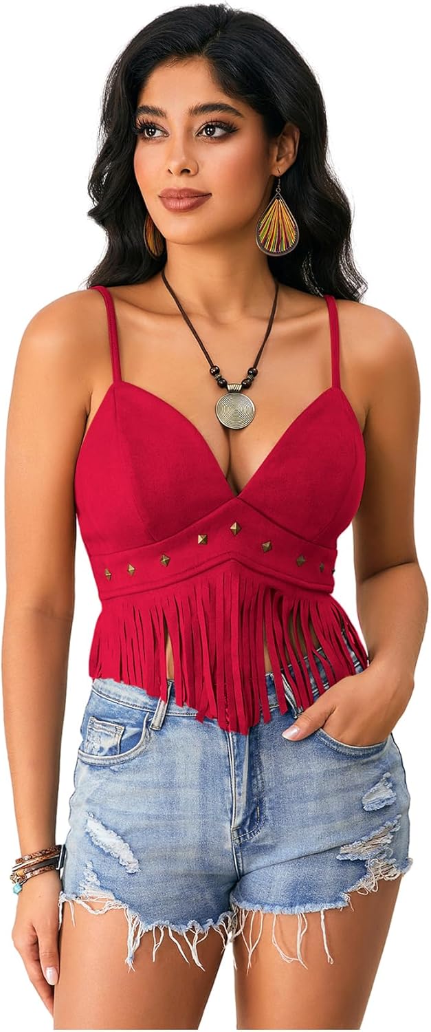 OYOANGLE Women's Y2K Fringe Sleeveless Spaghetti Strap Faux Suede Vintage Hippie Crop Top Blouse