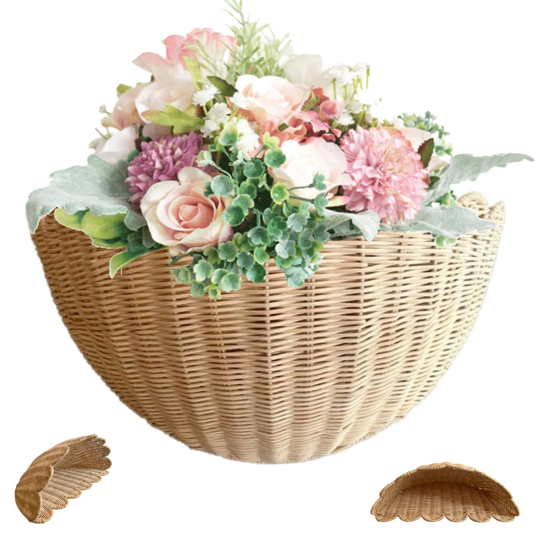 Cesta colgante de mimbre, maceta de pared de borde rústico de borde festoneado, almacenamiento tejido a mano de 14x6x8 pulgadas para frutas, verduras, plantas, artículos de tocador en la cocina, baño