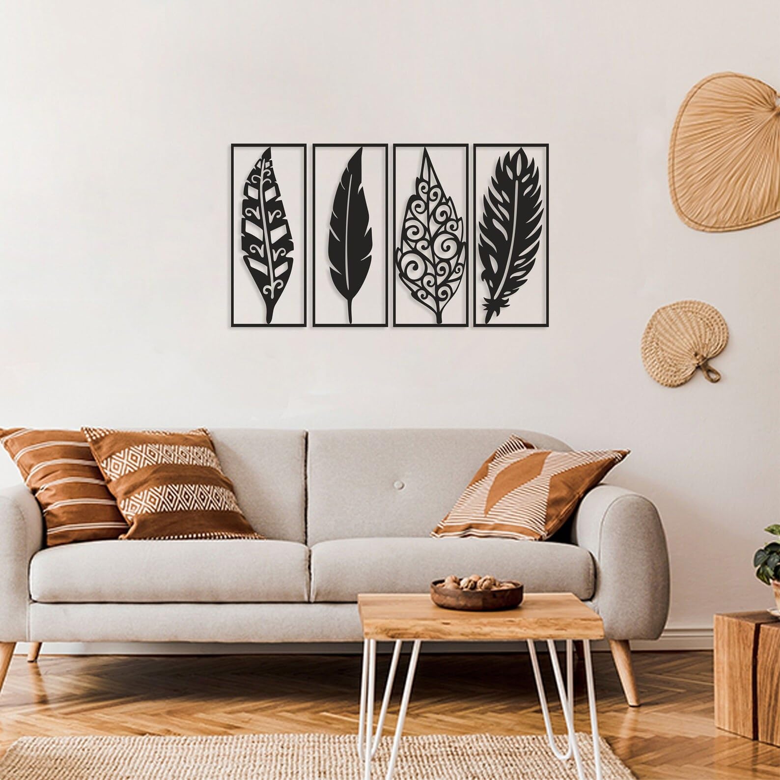 SHIVASHRAY CRAFTS Feathers Wall Decor, Feather Wall Art, Wood Wall Art, Living Room Wall Decor, Set Of 4 Pieces, 12 Inches. 2