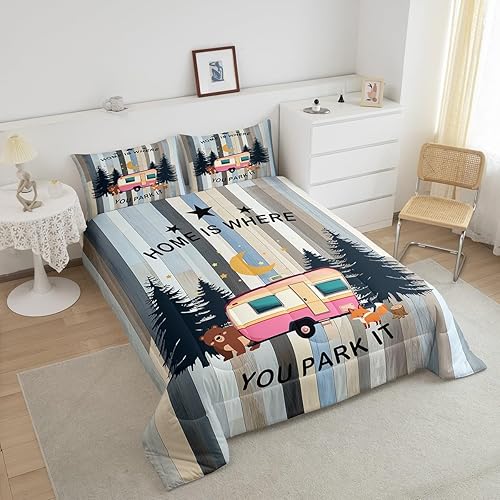 Miniatura 5 de Juego de ropa de cama Happy Camping para niñas, niños y adolescentes, juego de edredón rosa de coche rv, edredón de plumón vintage de madera