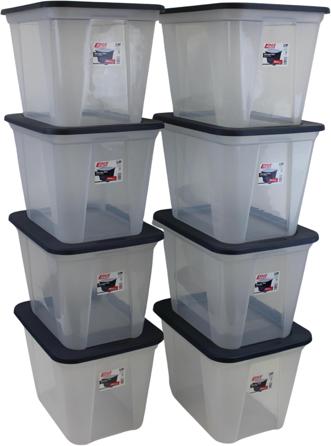 Square Base Storage Tote, durable storage in for home or garage with secure snap lid designe for stacking (8, Clear with Ink Lid, 20 Gallon)