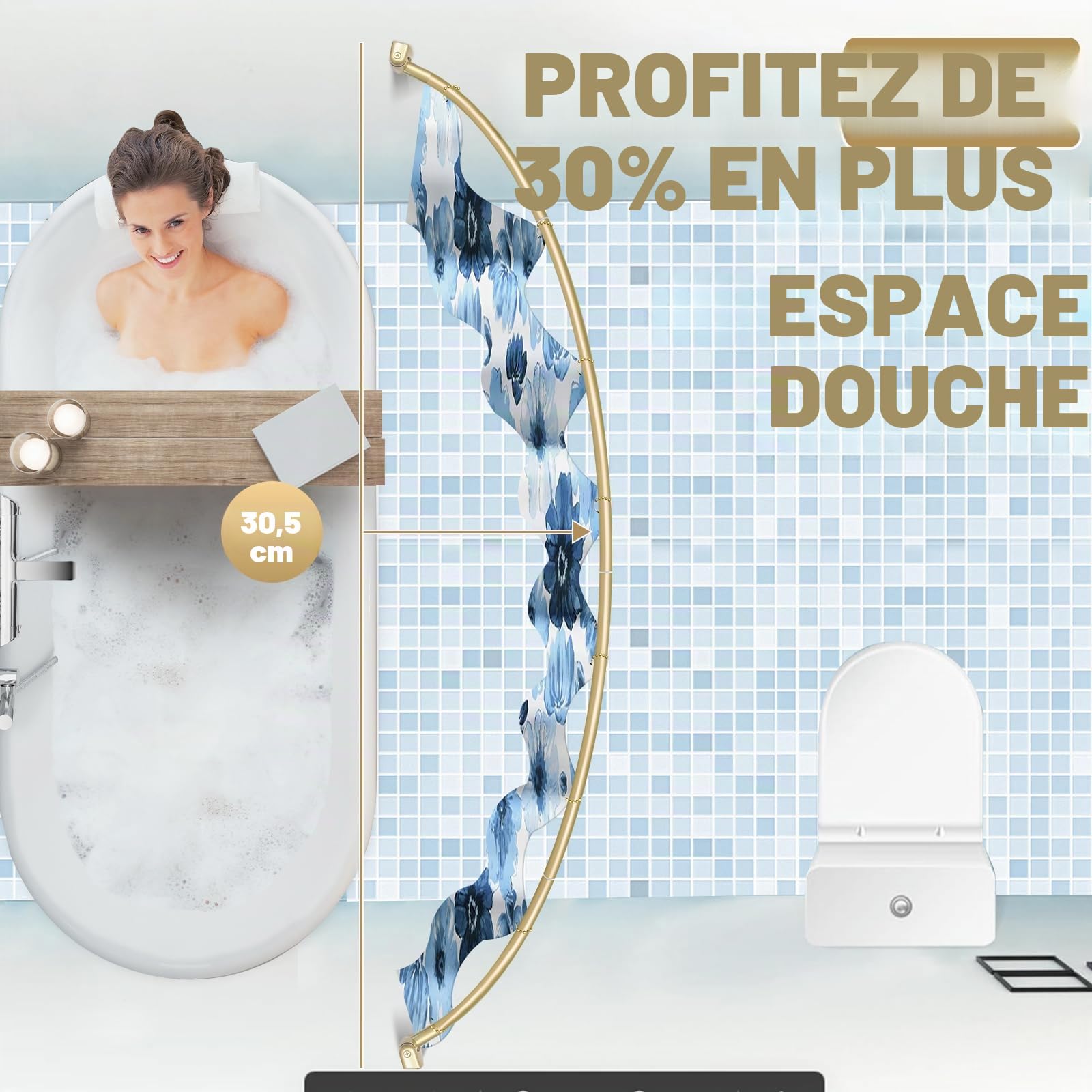 YNL Tringle à rideau de douche incurvée de 90 à 208 cm (2,5 à 2,5 m), ronde dorée et antirouille, pour salle de bain, baignoire, réglable, ne rouille pas, espace supplémentaire, antidérapante