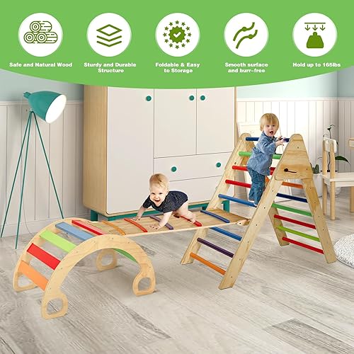 Miniatura 5 de ECOMEX Juego de triángulos Pikler 7 en 1, escalera triangular plegable con rampa y balancín de arco, rampa de madera Pickler para niños pequeños,