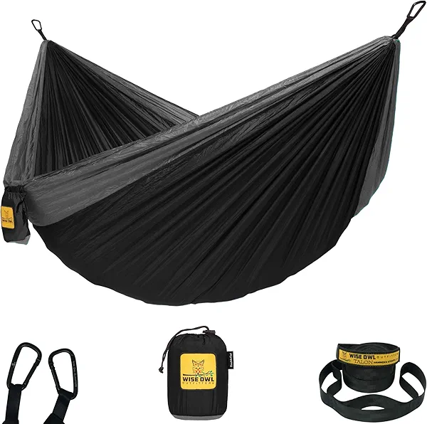 Wise Owl Outfitters Hammock for Camping Double Hammocks Gear for The Outdoors Backpacking Survival or Travel - Portable Lightweight Parachute Nylon DO Black & Grey