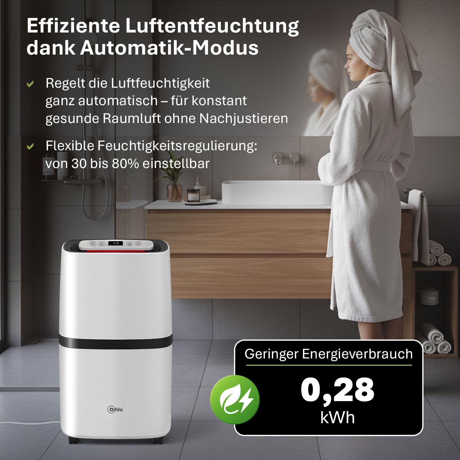 alfda AEF2000 Luftentfeuchter elektrisch 20 L Tag | 20 L Tag, bis 30m², Abschaltautomatik, Hygrostat & Touch-Display, für Schlafzimmer & Badezimmer