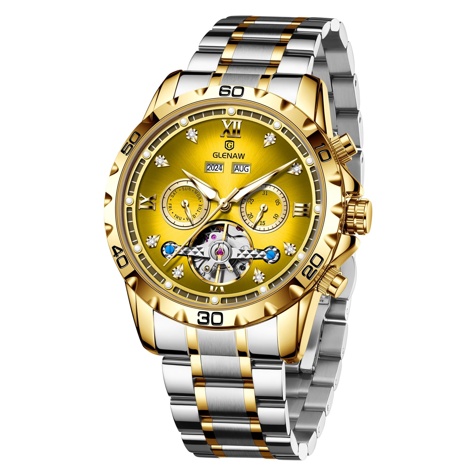 GLENAW Reloj automático para hombre, esqueleto con números romanos, esfera de diamante, acero inoxidable, impermeable, para el día, fecha, negocios, casual