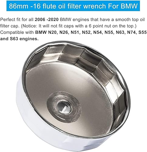 Miniatura 2 de Llave de filtro de aceite de acero plateado de 3.386 in, 16 flautas, herramienta universal de extracción de filtro de aceite de acero cromado, llave