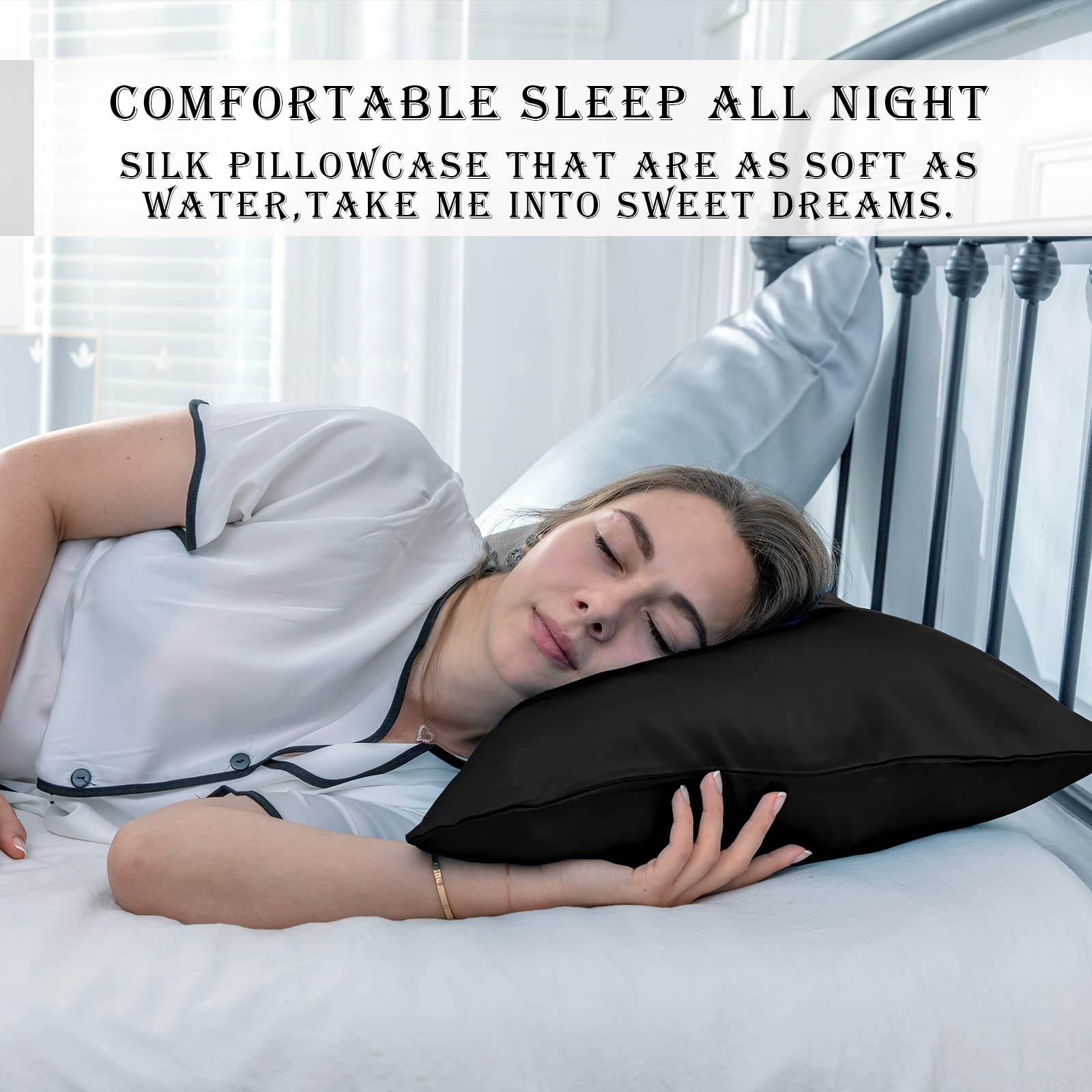 Silk Pillow Cases 2 Pack,Soft Breathable and Sliky Standard Size Pillow Cases Set of 2,Natural Mulberry Silk Pillowcase Set of 2 for Hair and Skin with Hidden Zipper (Black,20"X 26",2pcs)