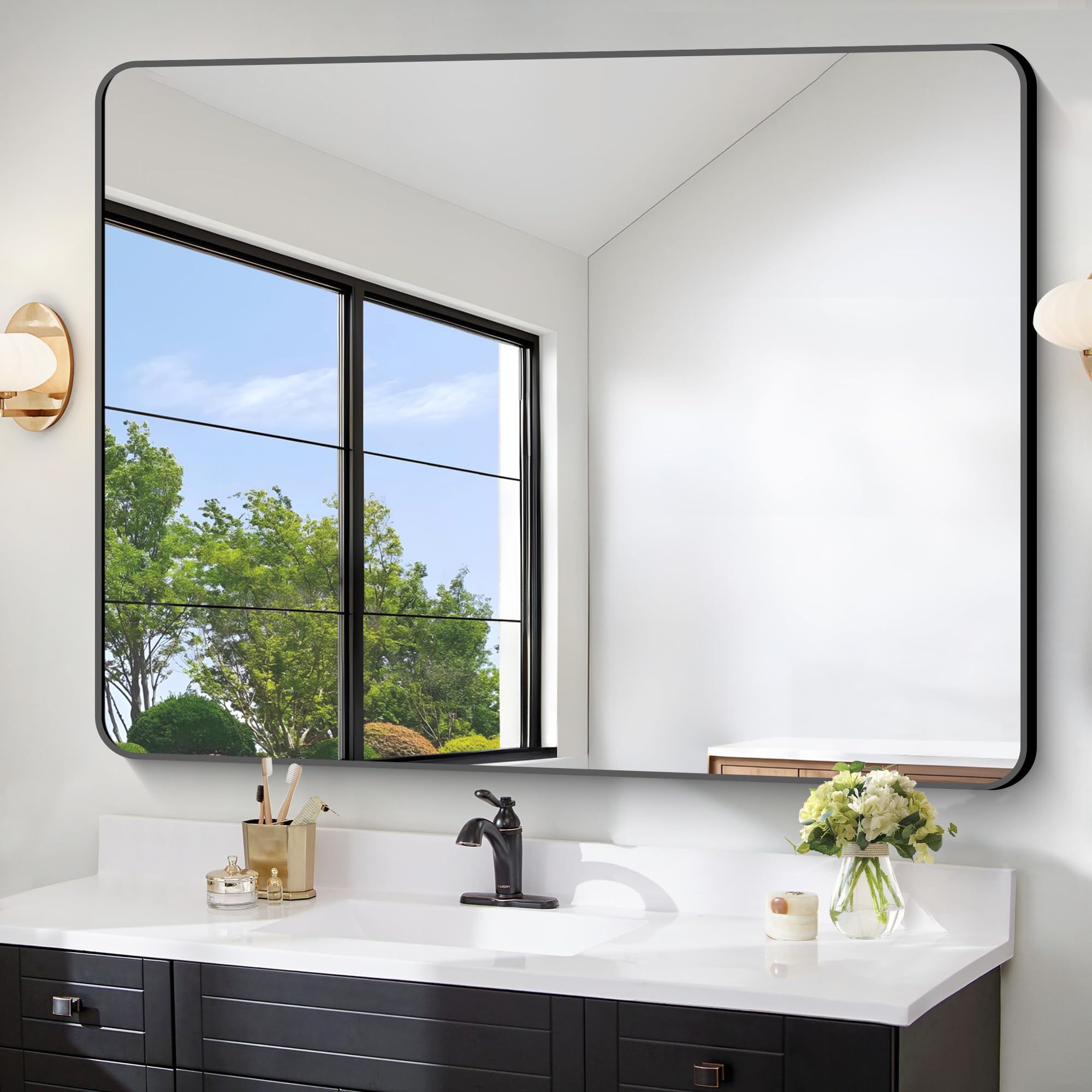 FORBATH Large Bathroom Mirror 48 x 36 Inches?Black Large Wall Mirror Aluminum Frame Wall Mounted Rounded Corner Morndern Mirror for Bathroom Bedroom Entryway Living Room