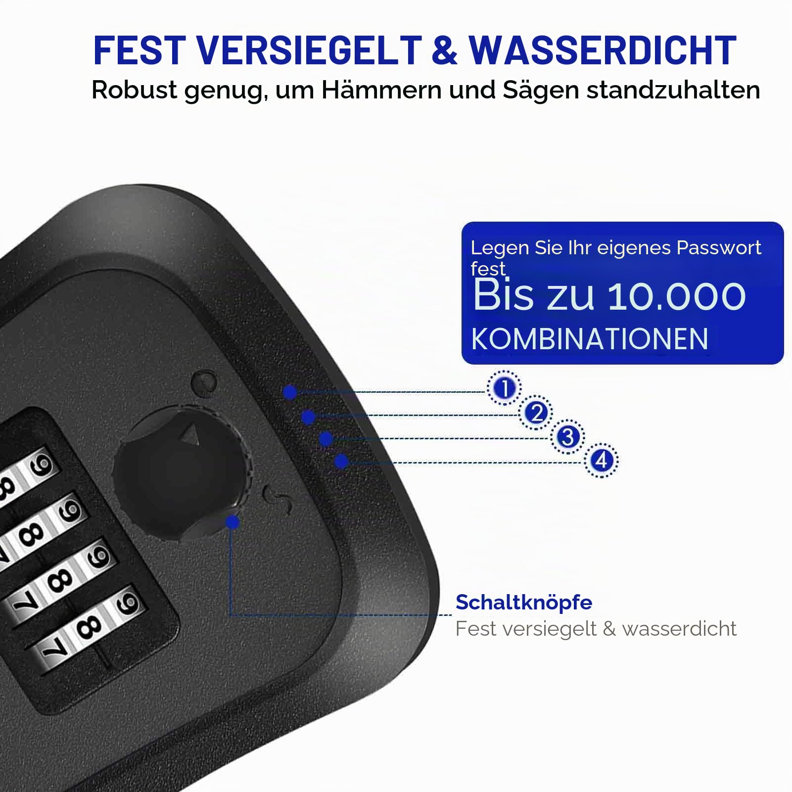 Schlüsselschlossbox, wasserdicht, 4-stellige Zahlenkombination, Wandhalterung, zurücksetzbarer Schlüsselversteck, verbesserte große Kapazität, Passwortbox für Hausschlüssel, Autoschlüssel, Ausweise