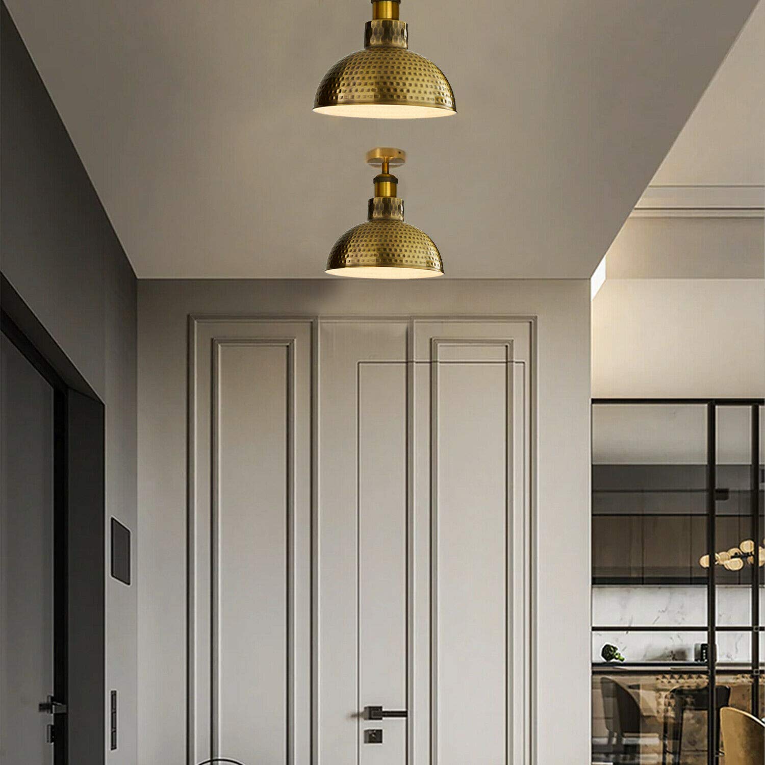 Vintage Flush mount ceiling Light E27 Vintage Yellow Brass Hammered Finish 26cm Dome Shade Industrial Ceiling Lighting Fixture for Kitchen Dining Room Bedroom Easy Fit Anti Rust Durable Metal - Image 2
