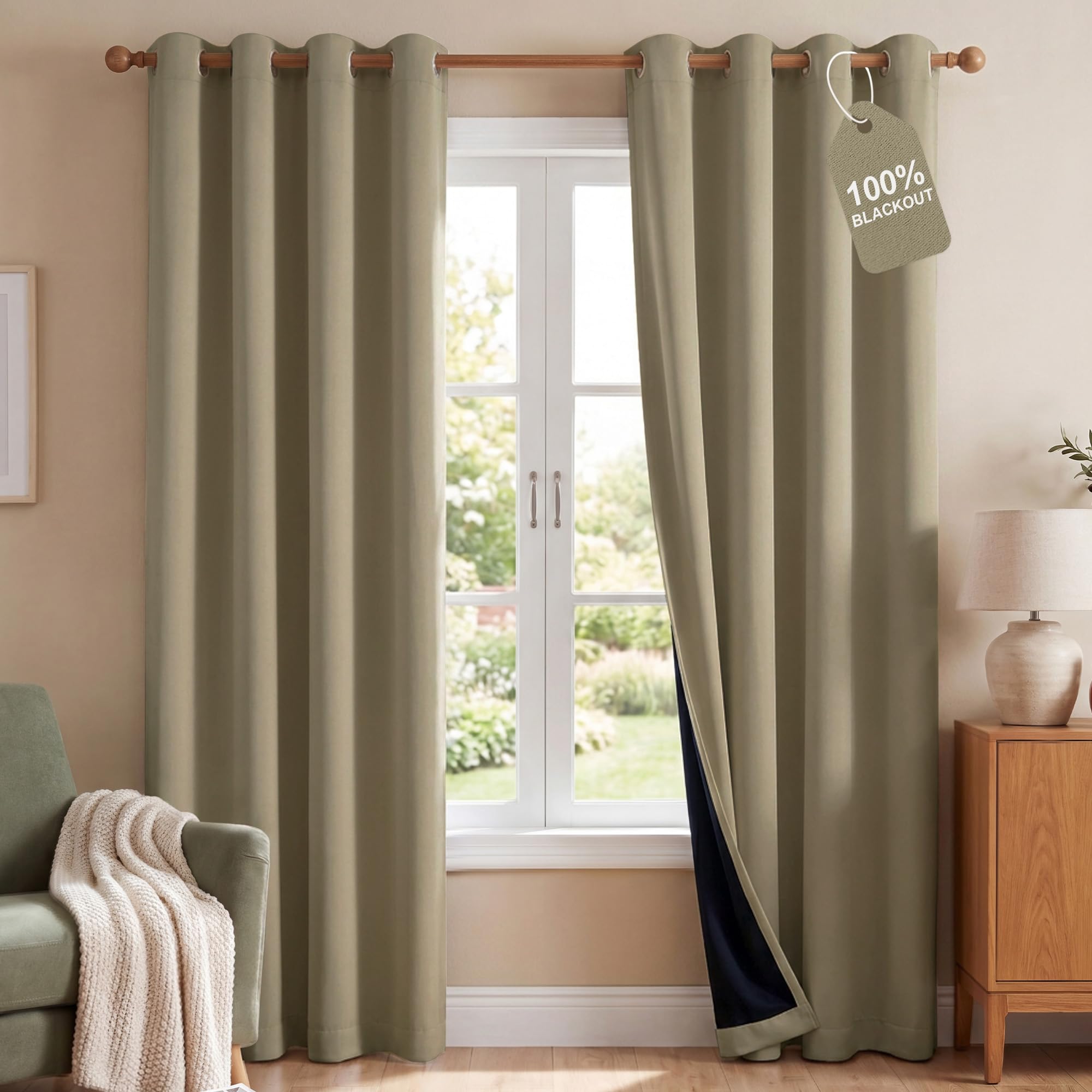 NICETOWN 100% Blackout Curtain Panels 84 inch Long for Living Room, Cocoa Eggnog, 2 Panels, Thermal Insulated Farmhouse Blackout Window Drapes for Bedroom