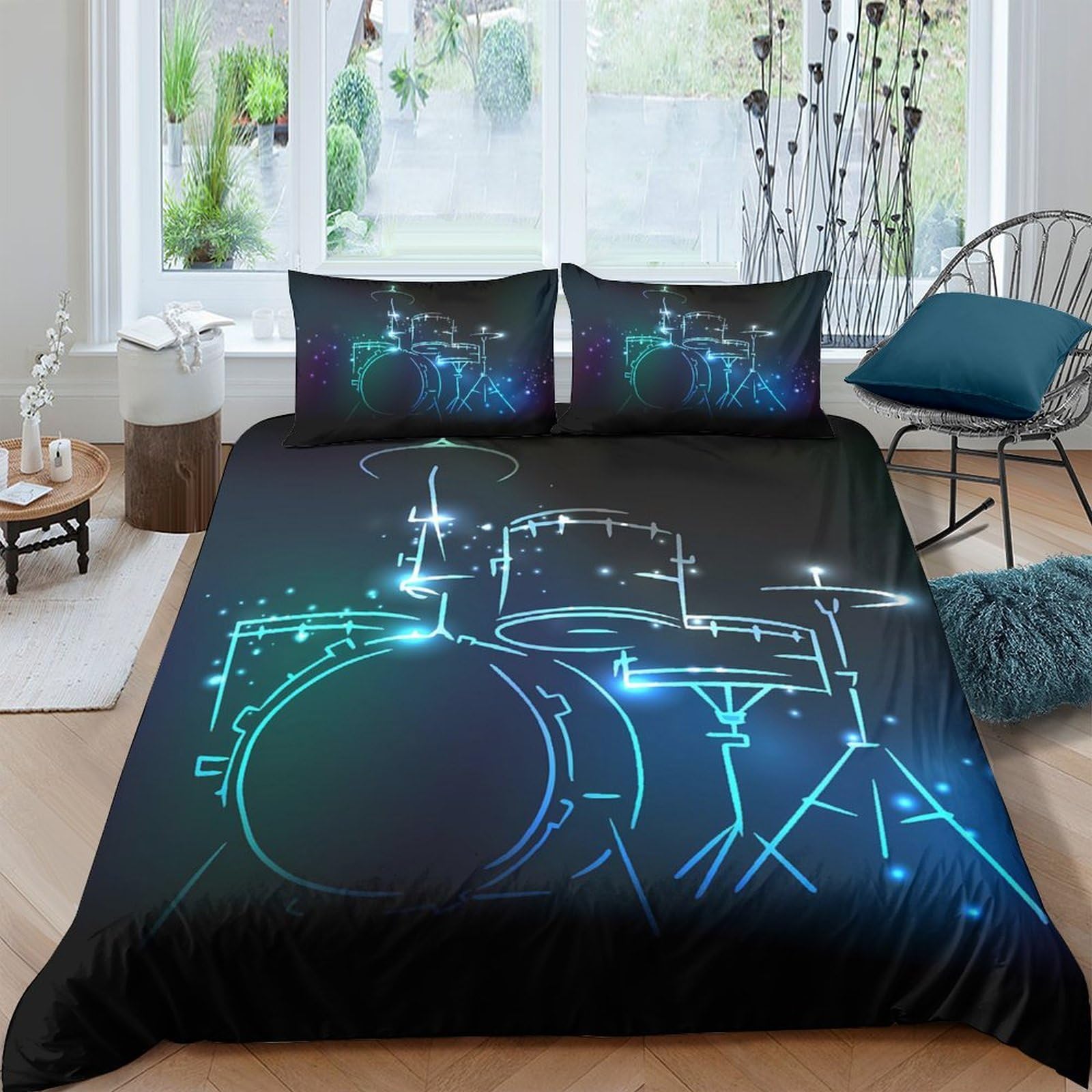 Ctjqhvkz Style-4 3D Printed Neon Drum Set Fitted Sheet Microfiber Soft Black Blue Bedroom Decor Percussion Mattress Cover Single（135X200cm）