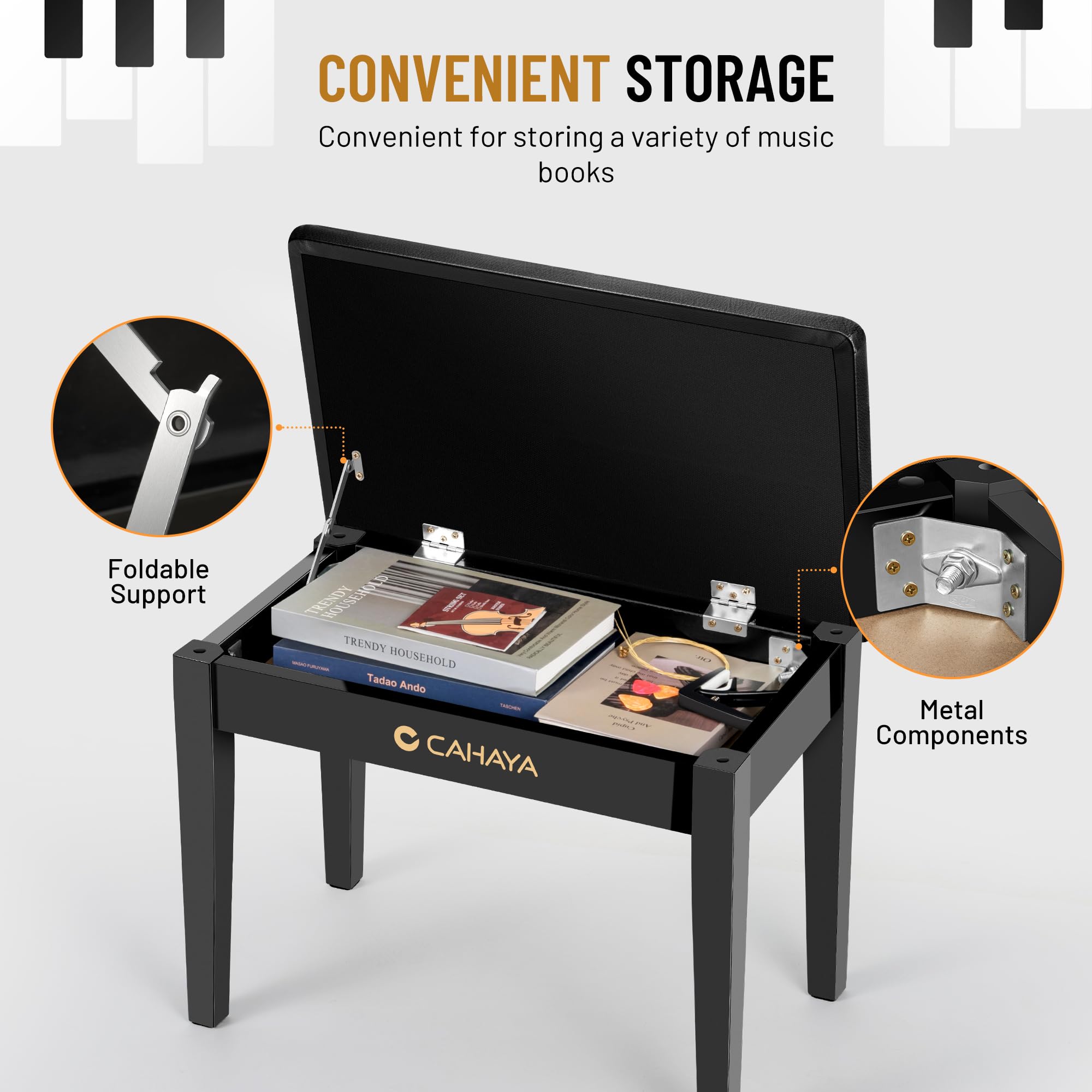 CAHAYA Banc de Piano Multifonction en Bois: Banc en Bois Massif avec Espace de Rangement, 56×34 cm, Assise rembourrée en PU, capacité 150 kg, Noir, CY000397