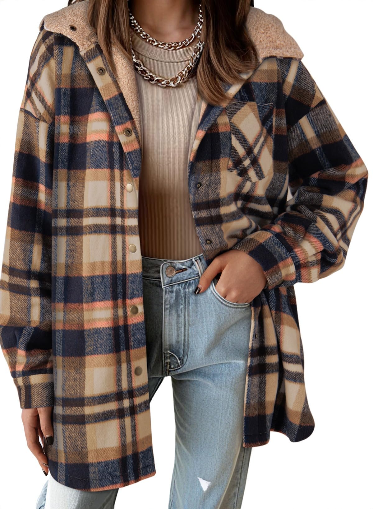 Women's Flannel Hooded Plaid 2026 Shacket Thick Coat Fleece Jacket