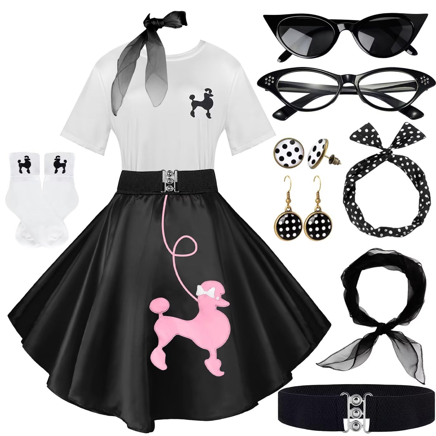 1950s Poodle Skirt Outfit Women 50s Sock Hop Costume T Shirt Accessories, Blackpink, Large — image 1