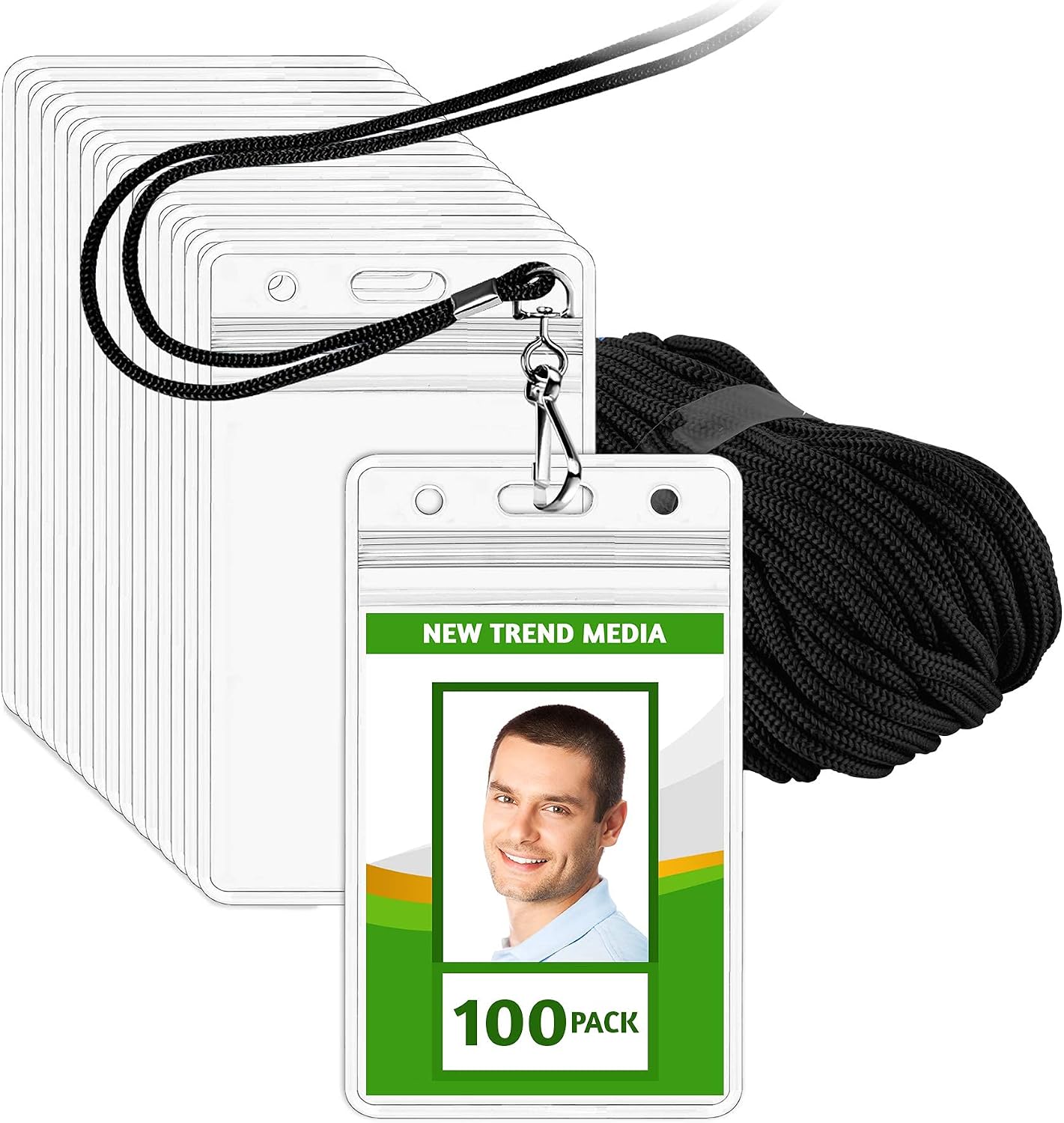 EcoEarth Lanyard with Vertical ID Badge Holder (Black, 2.25x3.5 inch, 100 PK), Resealable Clear Tag and Lanyards, Lanyard ID Card Holder Bulk, Name Badge Lanyard Set, Plastic Badge Holder with Zipper