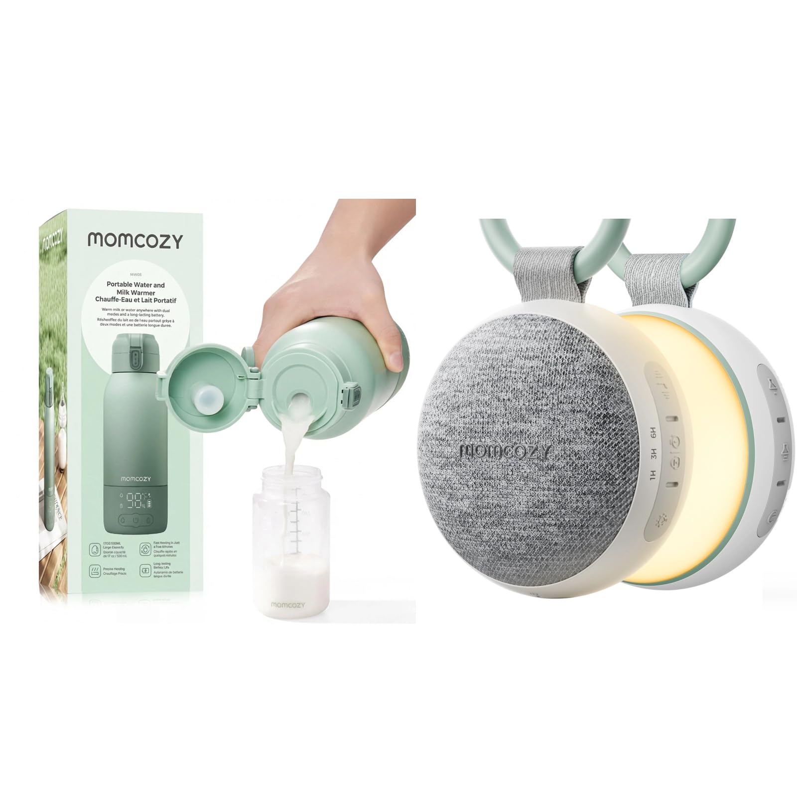 Momcozy WN06 Ruido Blanco Bebe Portátil con 20 Sonidos Relajantes y Anillo para Llevarlo Afuera, MW05 Calienta Biberones Portátil de 500 ml