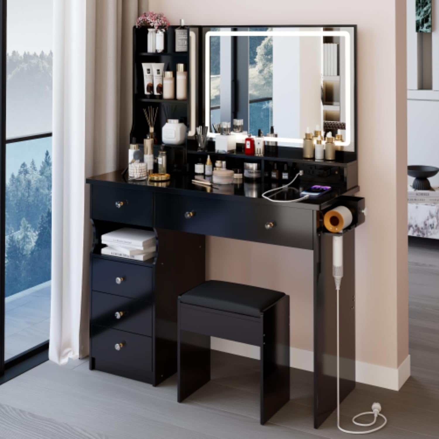 41" Large Left Drawer Desktop Vanity Table+Cushioned Stool Dresser Set, 2 AC+2 USB Power Station, Hair Dryer Stand, Extra Large Touch Control LED Mirror, 3-color Switch, EPA, GCC, UL Certificate,Black