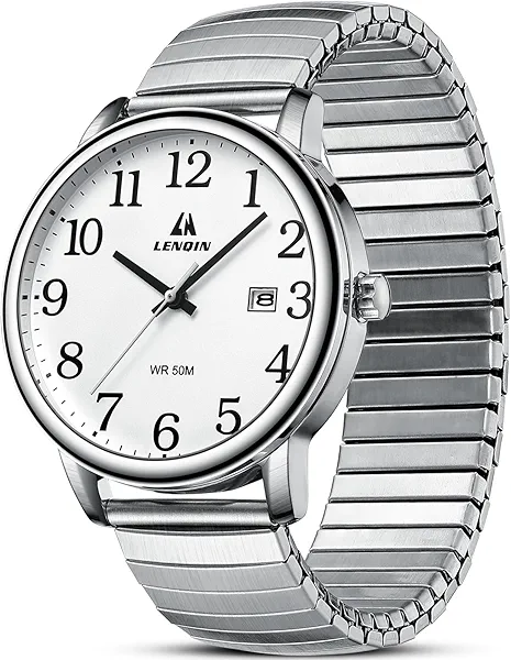 LN LENQIN Mens Watches Easy Read Analog Quartz Sport Waterproof Watch for Men with 38mm Stainless Steel Expansion Band and Glow Dial