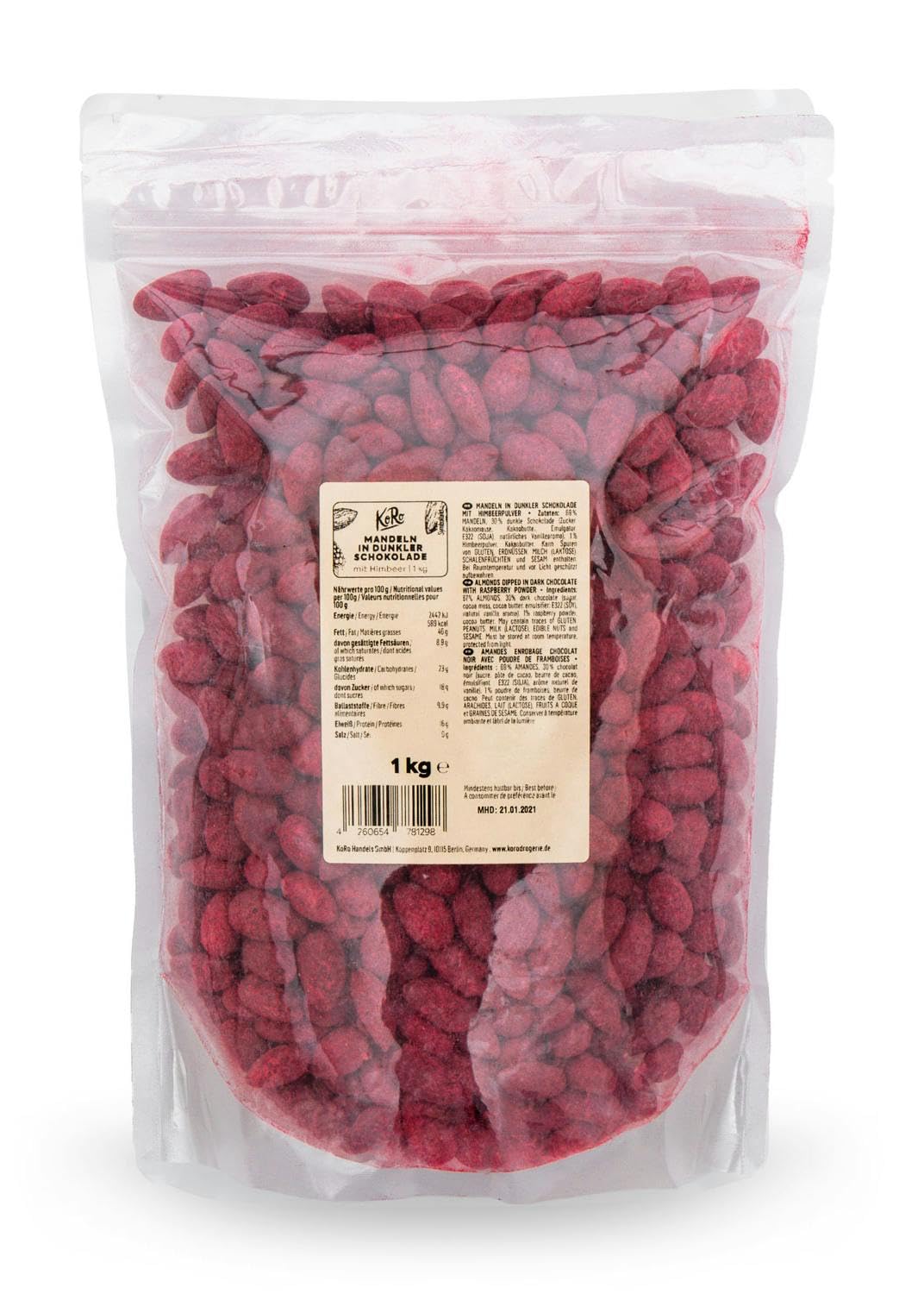 KoRo - Amandes au chocolat poudre de framboises lyophilisées 1 kg - Une tentation chocolatée