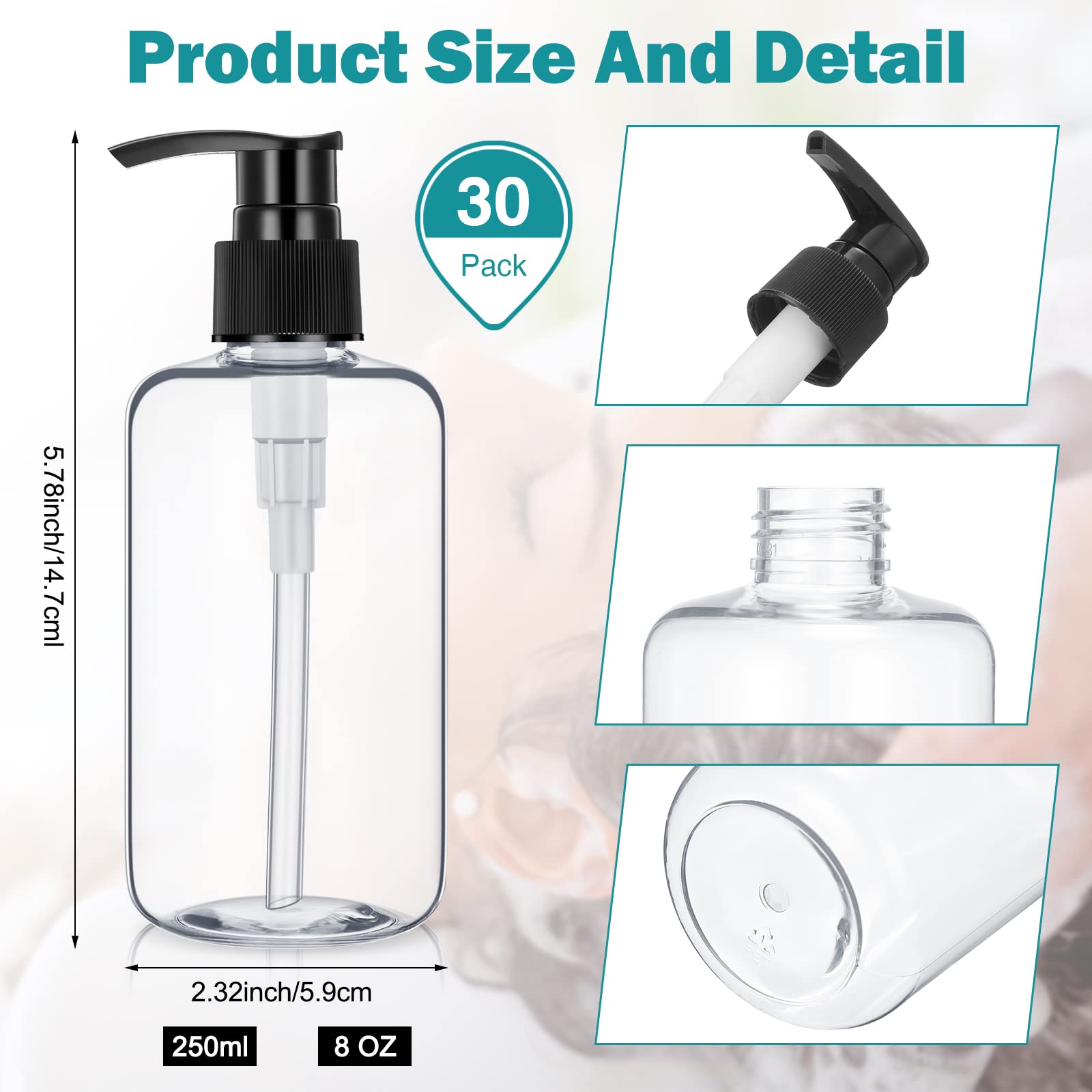 Eccliy 30 Pack 8 oz Clear Empty Lotion Bottles Plastic Pump Bottles Hand Dish Dispenser Round Containers Refillable Container Black White Pumping for Shampoo Conditioner Body Wash Cream Liquid Soap