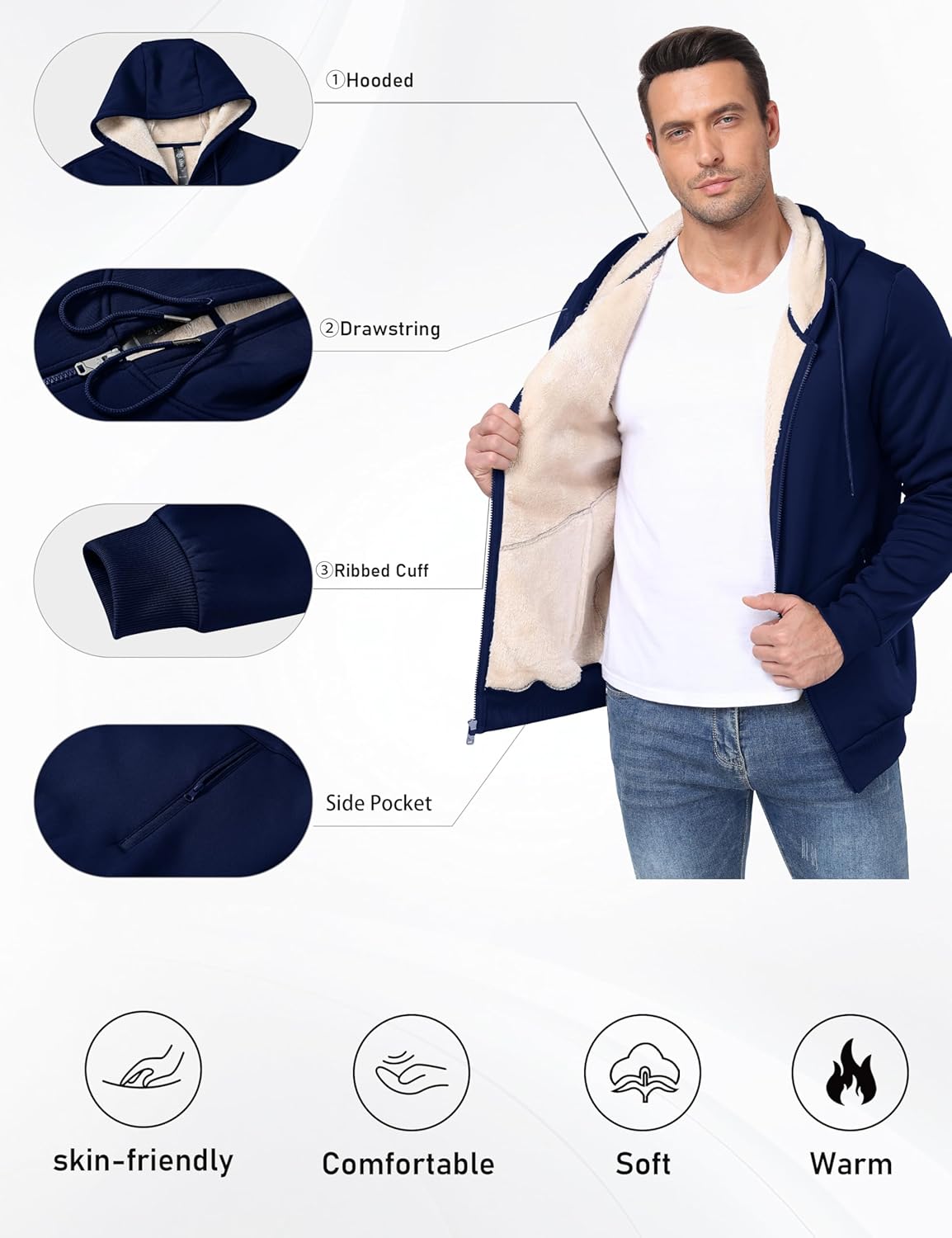 MoFiz Men's Fleece Sherpa Lined Hoodies Heavyweight Full Zip Hoodies for Men - Image 5
