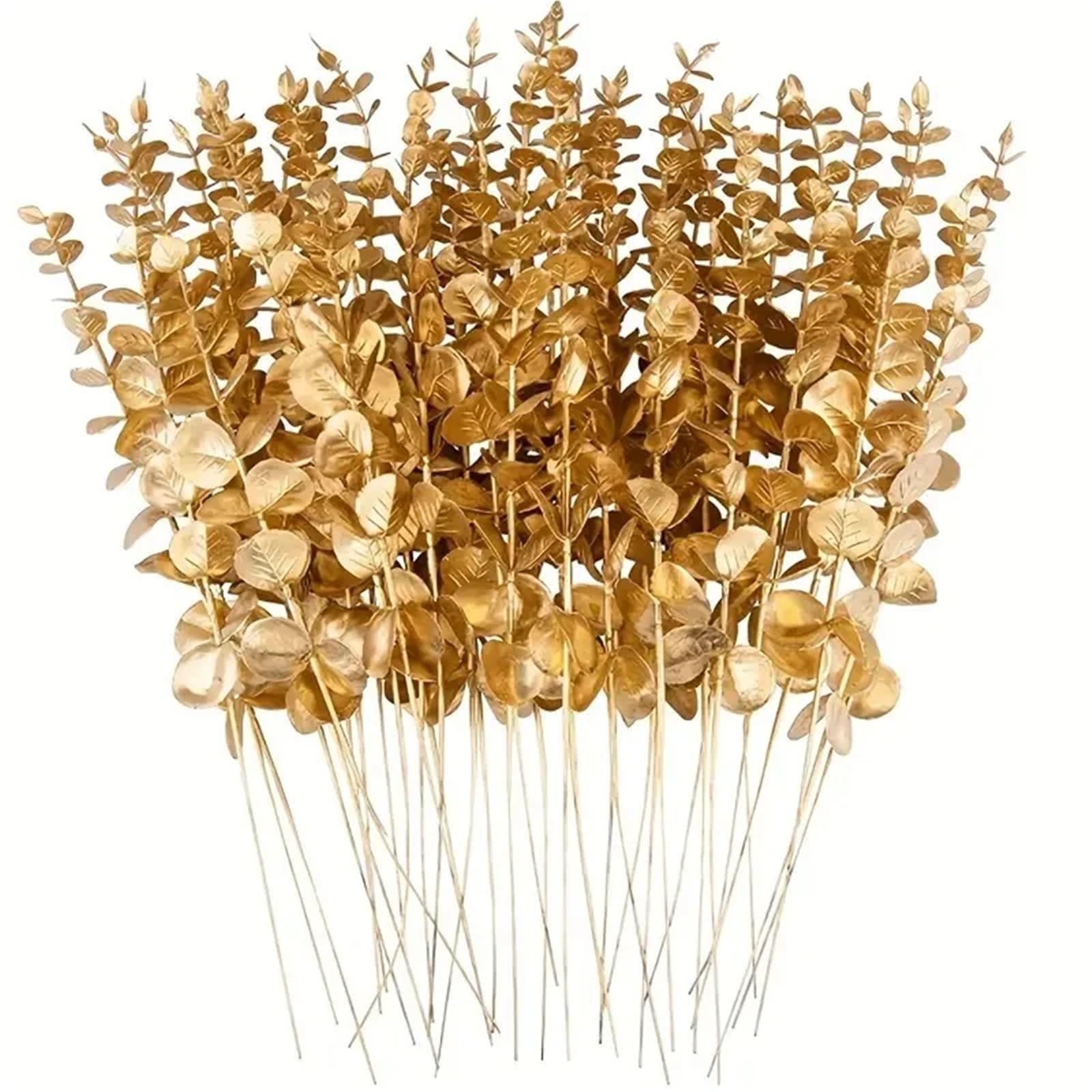 TGDGFKIAS Artificial Pine Branches, Christmas Glitter Artificial Pine Needles Eucalyptus Stems 38 cm Pack of 30 Multicolor(Golden)