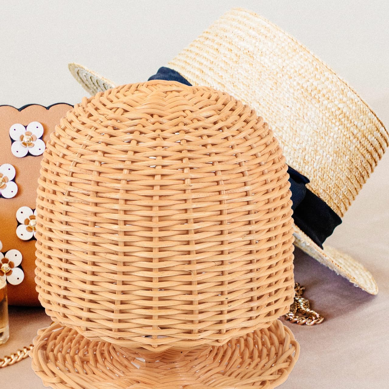 Ipetboom Rattan Hat Display Stand, Woven Wicker Dome Shaped Hat Holder for Home Store Salon Cap Display and Protection, 6.7x6.5 Inch