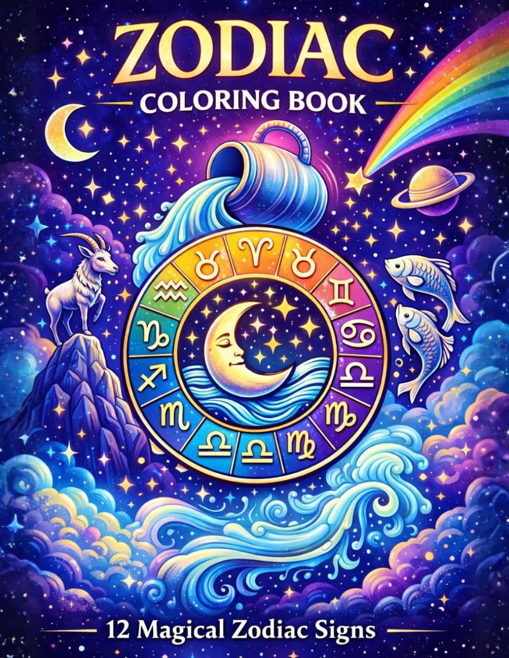 Zodiac Coloring Book for Adults: 12 Magical Zodiac Signs, Cosmic Patterns & Relaxing Affirmations
