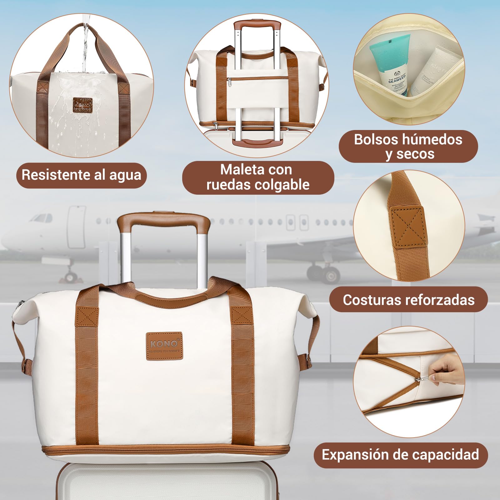 Kono Maletas de Viaje Juegos de 6 Piezas de ABS Ligero Duro Shell Trolley Case con Cerradura TSA 20" 24" 28" Maleta, 12" Estuche Cosmético, Bolsa Duffel y Neceser (Blanco con Marrón)