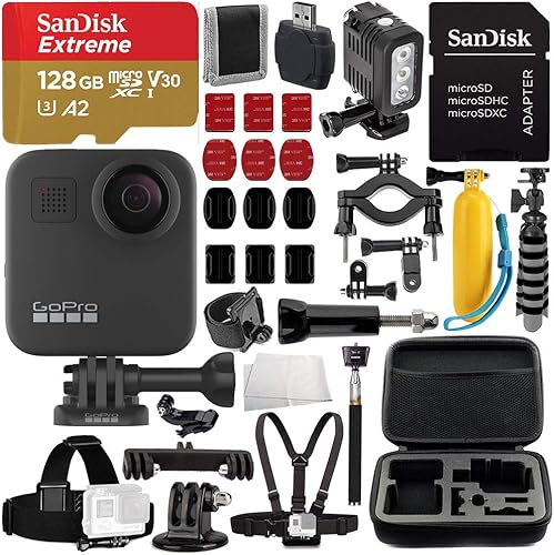 GoPro El paquete de cámara de acción MAX 360 Deluxe incluye SanDisk Extreme tarjeta de memoria microSDXC de 128 GB  luz LED submarina  funda de