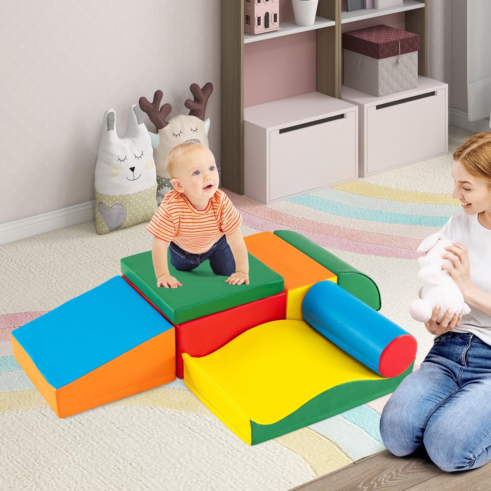 RELAX4LIFE Set di Blocchi Morbidi per Bambini, Blocchi da Costruzione in Schiuma, Set di 7 Blocchi con Diverse Forme e Colori, Giocattoli Educativi, Copertura Impermeabile, per Casa, Scuola e Asilo