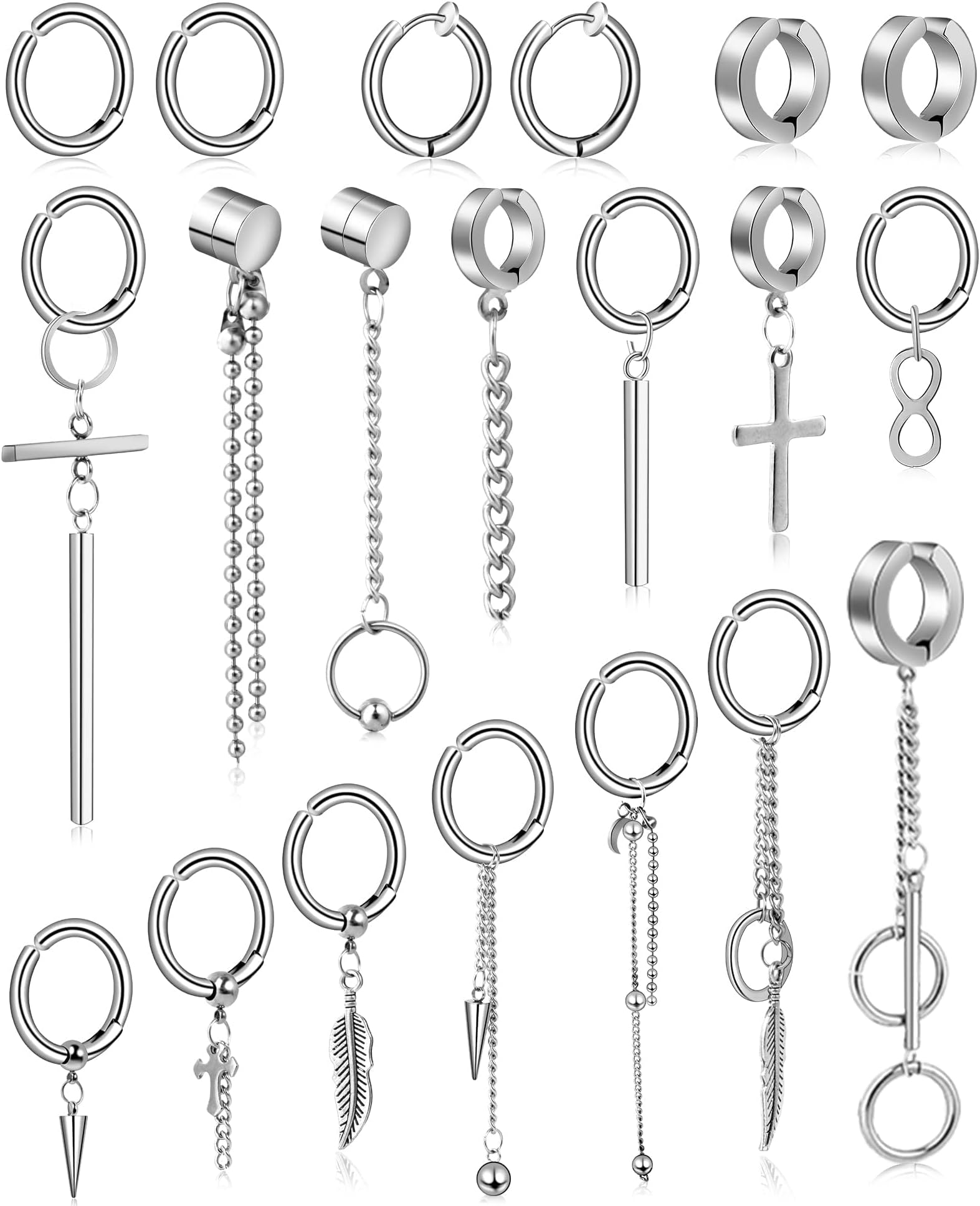 ONESING 20 Pcs Clip On Earrings for Men Magnetic Earrings Dangle Earring Hoop Sterling Earrings Men Stainless Steel Non Pierced Magnetic Earring Fake Earrings Piercings Silver, Stainless Steel, Cubic