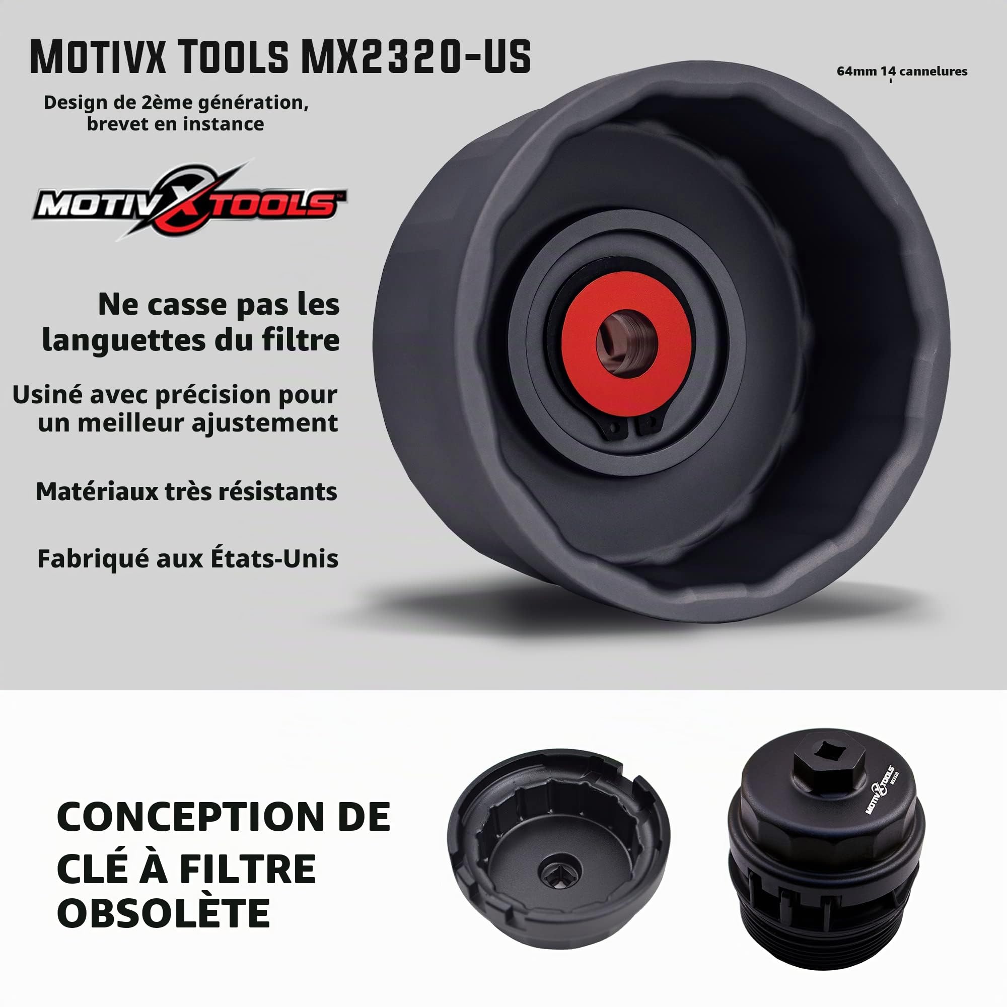 Motivx Tools Clé à filtre à huile pour Toyota Camry, Tundra, Tacoma, 4Runner, RAV4 et plus – Outil de retrait de filtre à huile en aluminium usiné CNC 64 mm 14 cannelures de précision